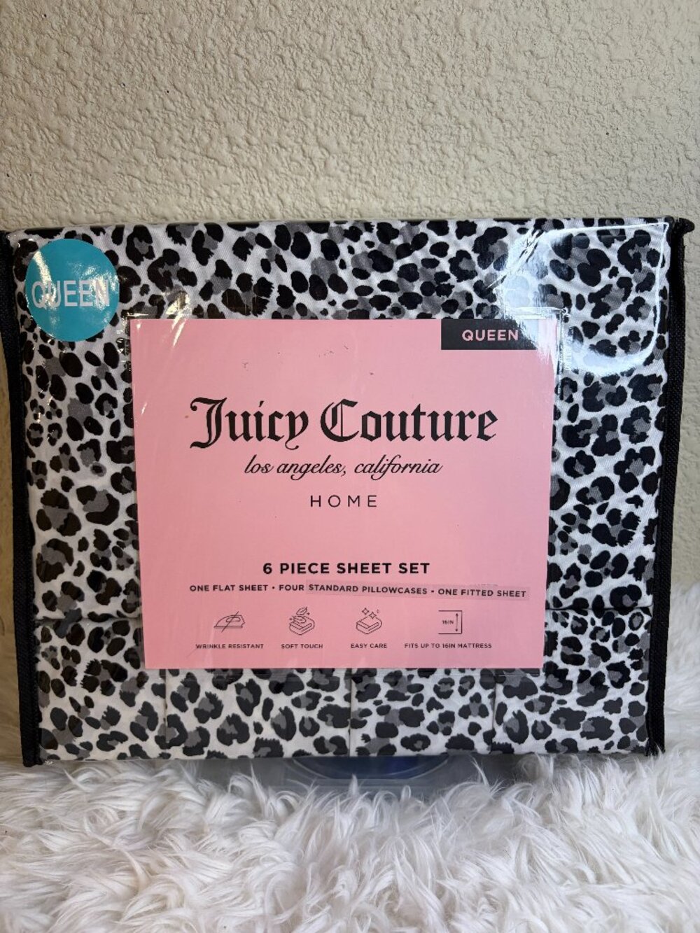 Juicy Couture Queen Leopard Sheet Set Black White 6 Piece Bedding NWT